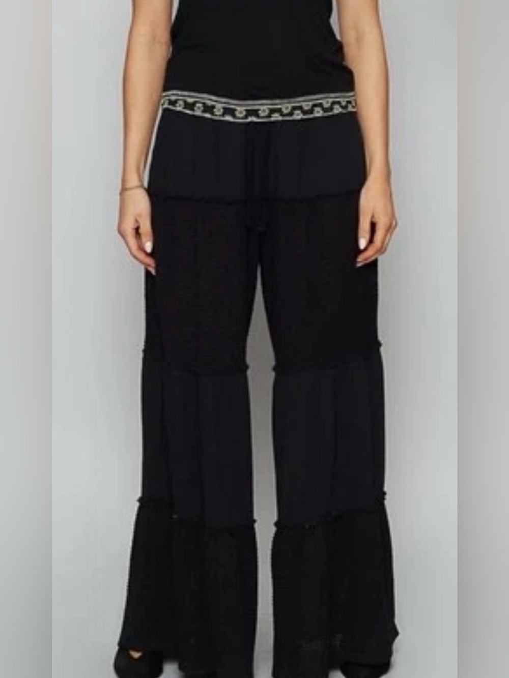 POL Double Gauze Wide Leg Boho Pants raw-edge paneled tiers Lightweight Size S